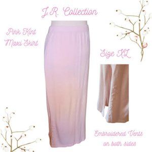 J.R. Collection Soft Pink Knit Maxi Skirt 2 Embroidered Front Vents Vintage SZ X